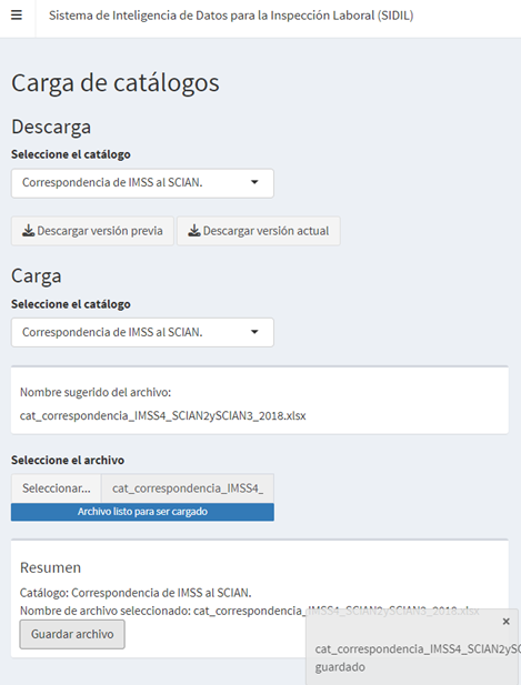 Mensaje de confirmación de carga de catálogos. Pestaña de Carga de catálogos.