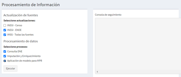 Sección de Procesamiento de información. Pestaña de Estatus y ejecución de procesos.