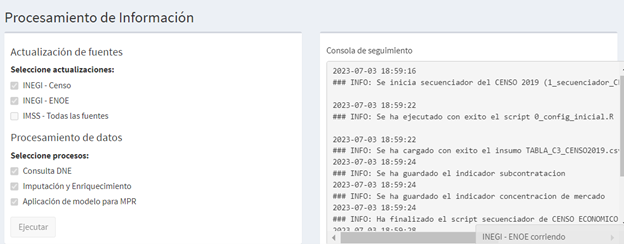 Mensaje de proceso en ejecución o corriendo. Sección de Procesamiento de información. Pestaña de Estatus y ejecución de procesos.