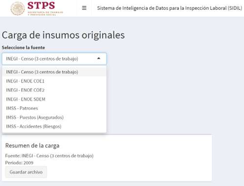 Sección Carga de insumos originales. Pestaña: Carga de insumos originales.