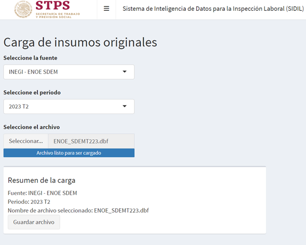 Sección Resumen de la Carga y guardado de archivos seleccionados. Pestaña: Carga de insumos originales.